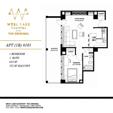 Floor plan for 1 bed, 1 bath, 620 sqft